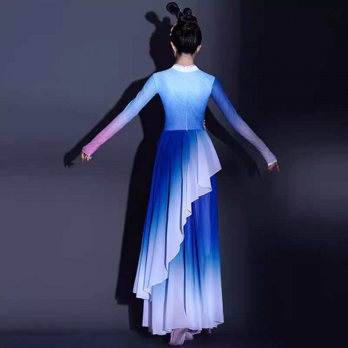 Royal blue gradient chinese folk dance dress for women girls ancient traditional classical dance hanfu fairy dance dresses umbrell fan dance wear 